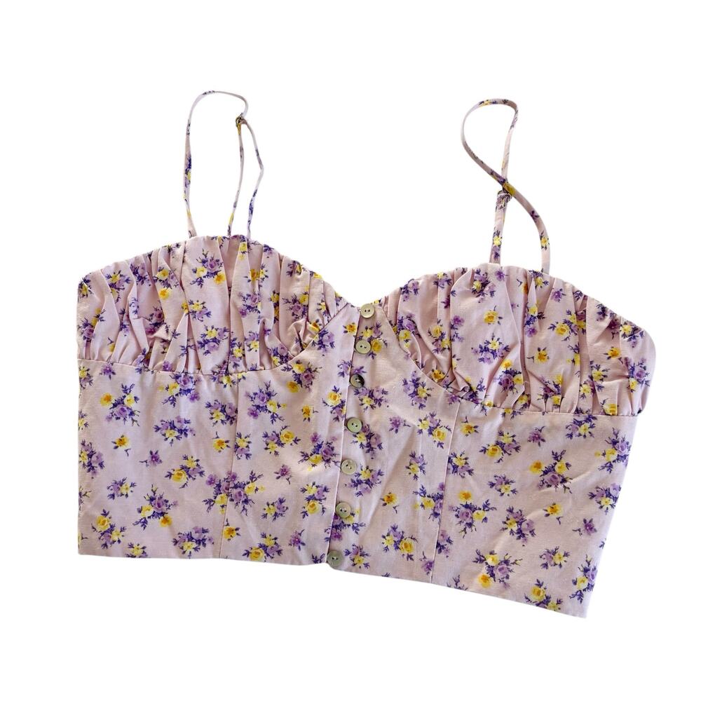 Zara Lavender Purple Floral Print Linen-blend Crop Top Women’s Medium NEW